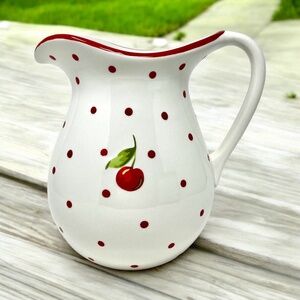 ⛔️ SOLD! ⛔️ Hallmark Large Ceramic Pitcher Polka Dot Single Cherry White Red VTG